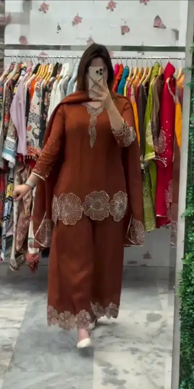 Rust Rangoli Bead Work Salwar Suit | Jump Suits, Salwar suit, Casual Suits, Creative suits, Designer Suits, Palazzo Suits, Party Wear Suits, Patiala Suits, Straight Suits