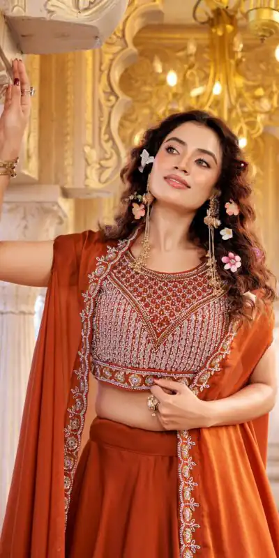 Rust Rangoli Silk Embroidery Work Lehenga Choli | Lehenga, Bollywood Lehenga, Creative Lehenga, Designer Lehenga, Embroidered Lehenga, Party Wear Lehenga