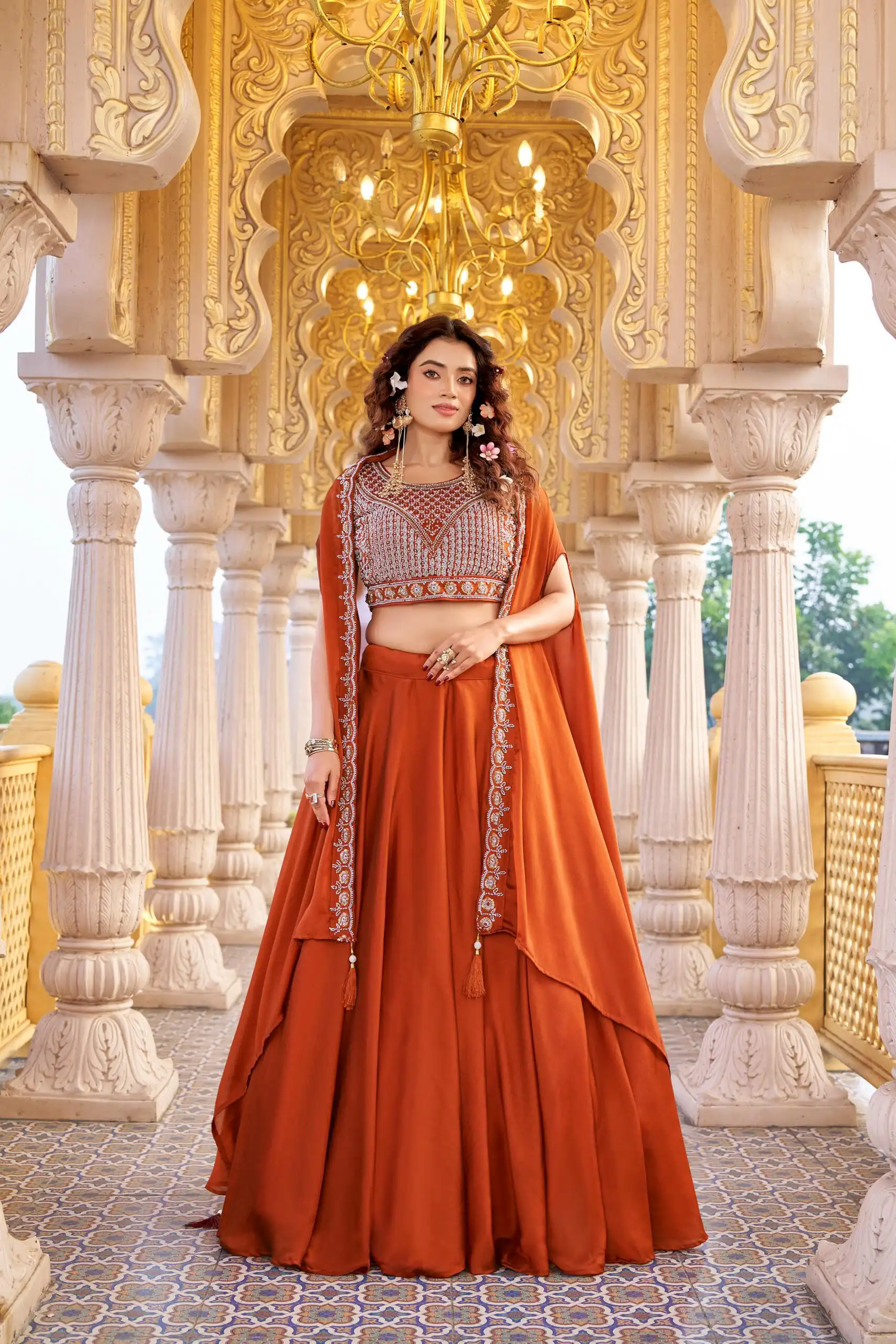 Rust Rangoli Silk Embroidery Work Lehenga Choli | Lehenga, Bollywood Lehenga, Creative Lehenga, Designer Lehenga, Embroidered Lehenga, Party Wear Lehenga