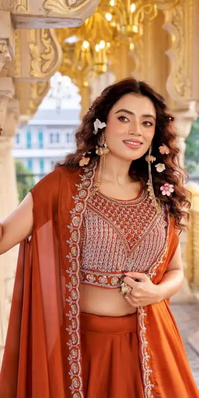 Rust Rangoli Silk Embroidery Work Lehenga Choli | Lehenga, Bollywood Lehenga, Creative Lehenga, Designer Lehenga, Embroidered Lehenga, Party Wear Lehenga