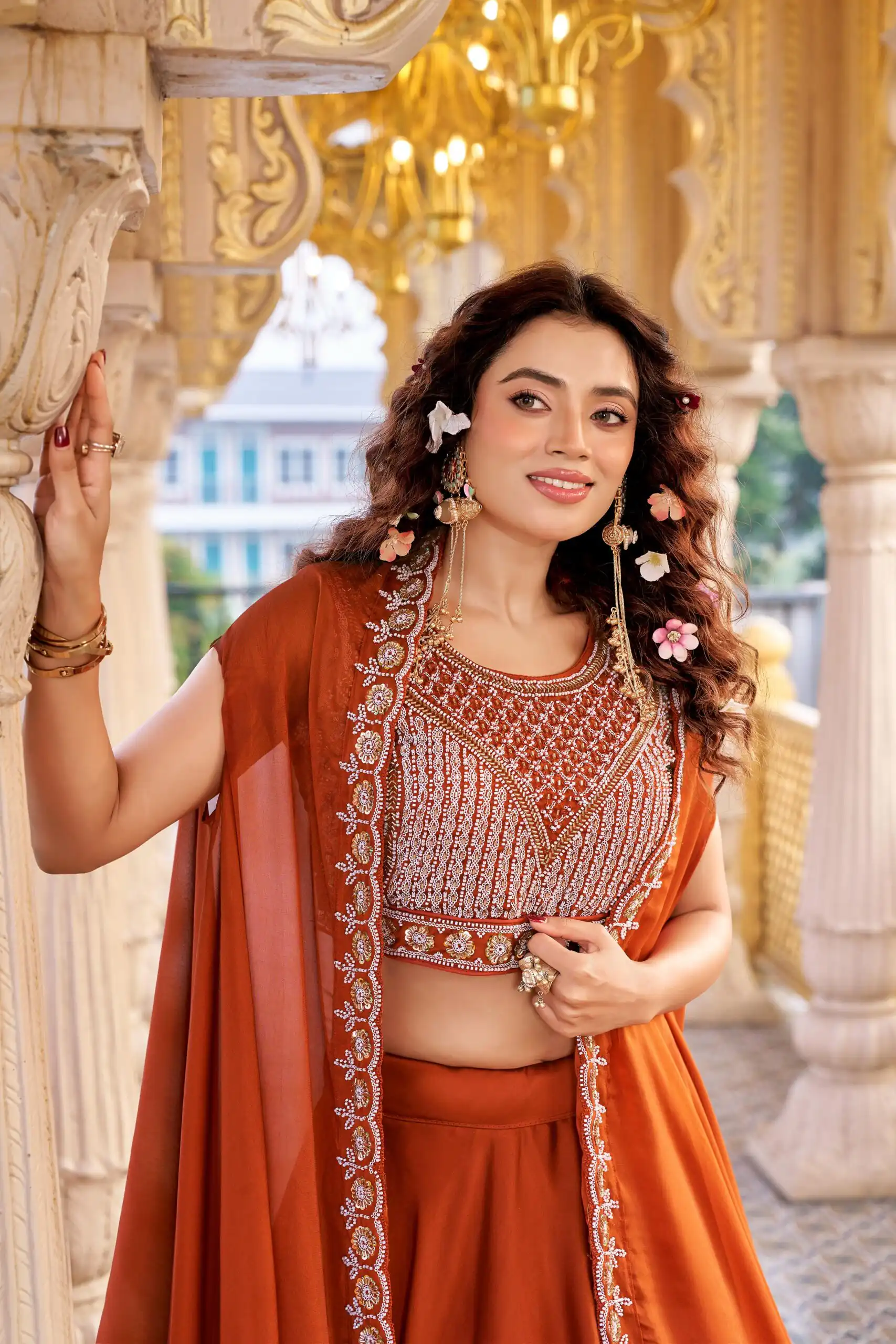 Rust Rangoli Silk Embroidery Work Lehenga Choli | Lehenga, Bollywood Lehenga, Creative Lehenga, Designer Lehenga, Embroidered Lehenga, Party Wear Lehenga