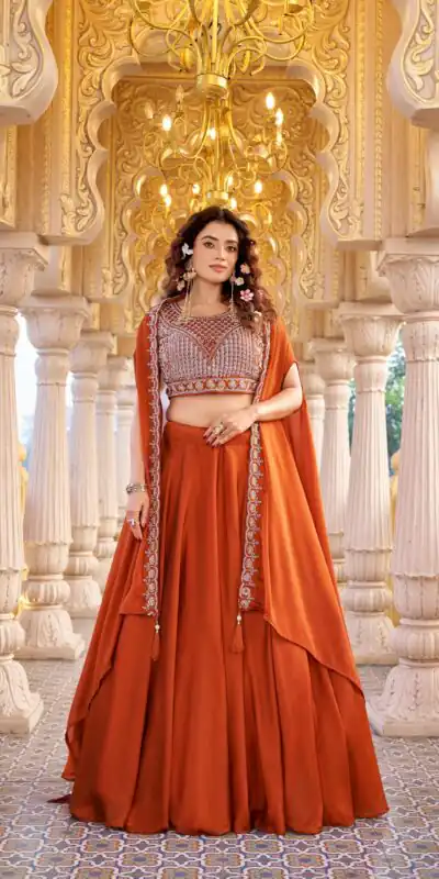 Rust Rangoli Silk Embroidery Work Lehenga Choli | Lehenga, Bollywood Lehenga, Creative Lehenga, Designer Lehenga, Embroidered Lehenga, Party Wear Lehenga