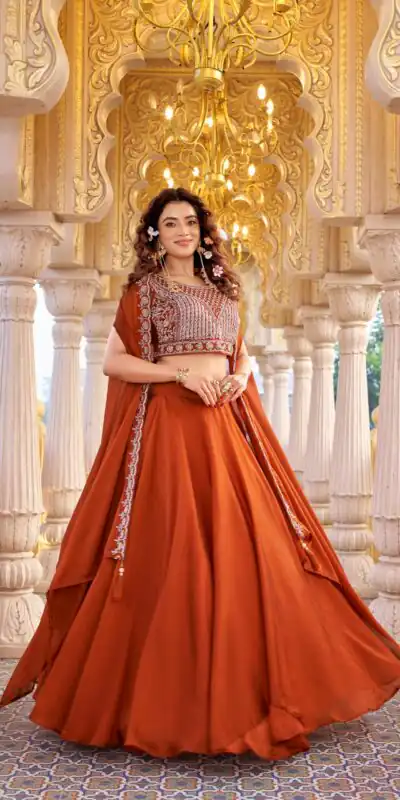 Rust Rangoli Silk Embroidery Work Lehenga Choli | Lehenga, Bollywood Lehenga, Creative Lehenga, Designer Lehenga, Embroidered Lehenga, Party Wear Lehenga