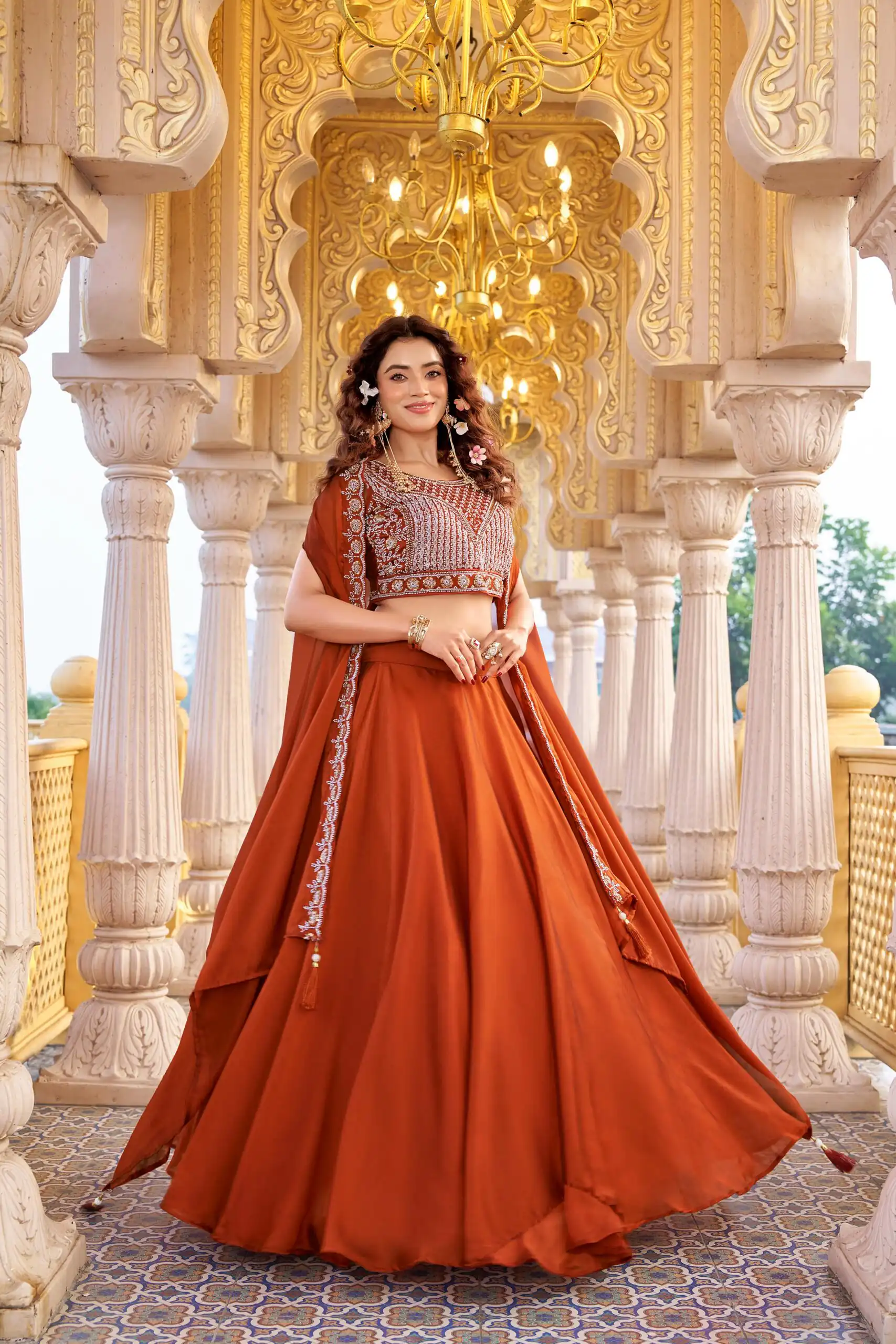 Rust Rangoli Silk Embroidery Work Lehenga Choli | Lehenga, Bollywood Lehenga, Creative Lehenga, Designer Lehenga, Embroidered Lehenga, Party Wear Lehenga