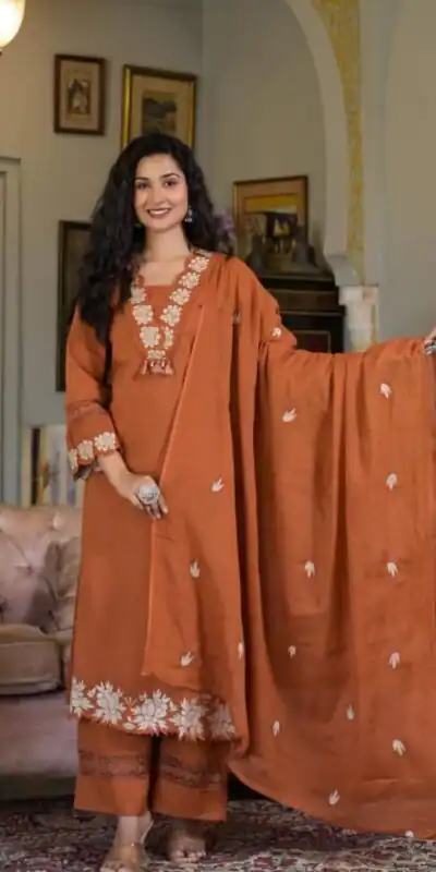 Rust Rayon Embroidery Salwar Suit | Jump Suits, Salwar suit, Casual Suits, Creative suits, Designer Suits, Palazzo Suits, Party Wear Suits, Patiala Suits, Straight Suits