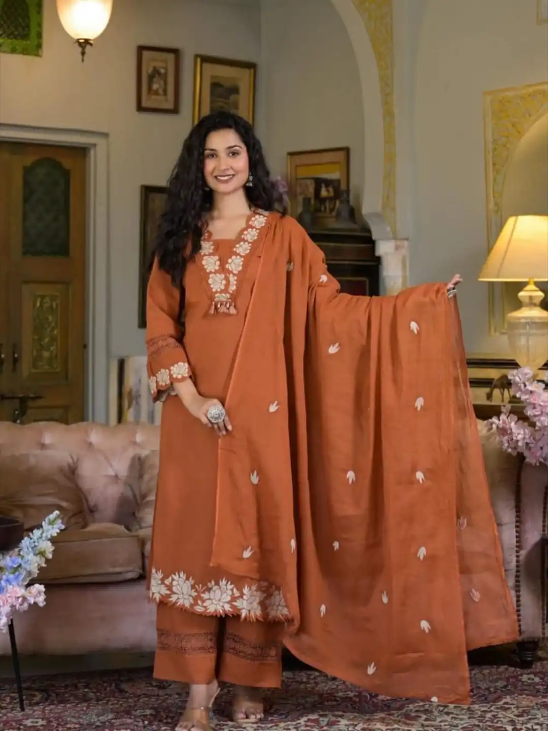 Rust Rayon Embroidery Salwar Suit | Jump Suits, Salwar suit, Casual Suits, Creative suits, Designer Suits, Palazzo Suits, Party Wear Suits, Patiala Suits, Straight Suits