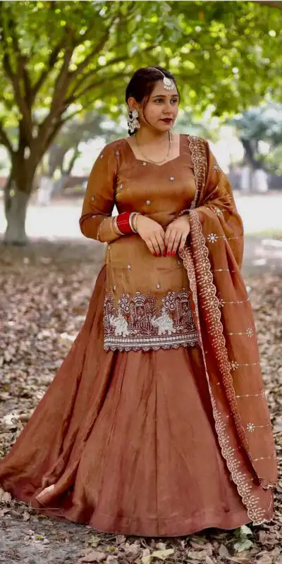 Rust Simmer Silk Embroidery Work Lehenga Choli | Lehenga, Bollywood Lehenga, Creative Lehenga, Designer Lehenga, Embroidered Lehenga, Party Wear Lehenga