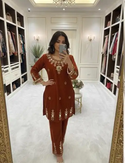 Rust Velvet Embroidery Mirror Work Salwar Suit | Jump Suits, Salwar suit, Casual Suits, Creative suits, Designer Suits, Palazzo Suits, Party Wear Suits, Patiala Suits, Straight Suits