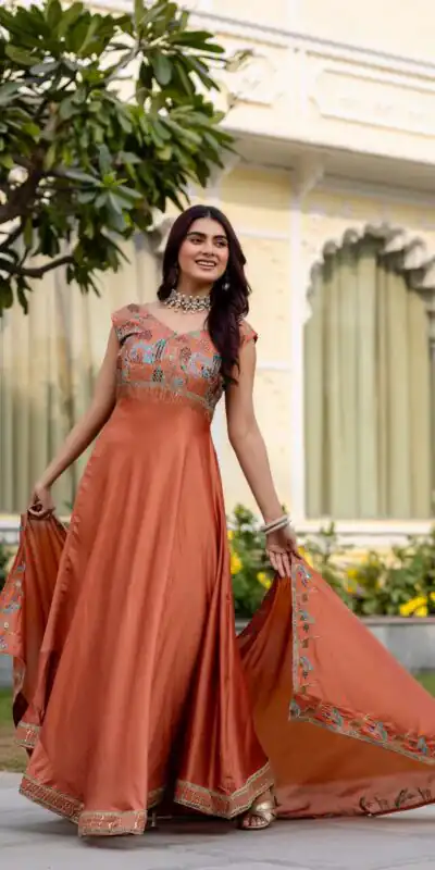 Rust Vichitra Silk Embroider Work Gown | Gowns, Bollywood Gowns, Creative Gowns, Designer Gowns, Embroidered Gowns, Party Wear Gowns