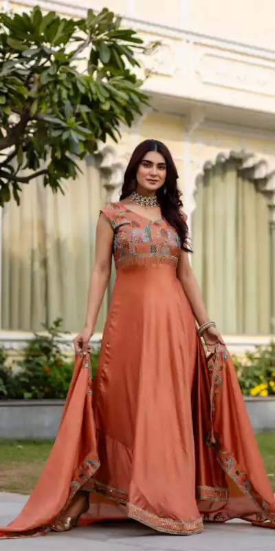Rust Vichitra Silk Embroider Work Gown | Gowns, Bollywood Gowns, Creative Gowns, Designer Gowns, Embroidered Gowns, Party Wear Gowns