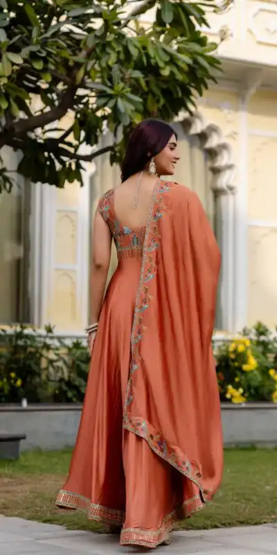 Rust Vichitra Silk Embroider Work Gown | Gowns, Bollywood Gowns, Creative Gowns, Designer Gowns, Embroidered Gowns, Party Wear Gowns