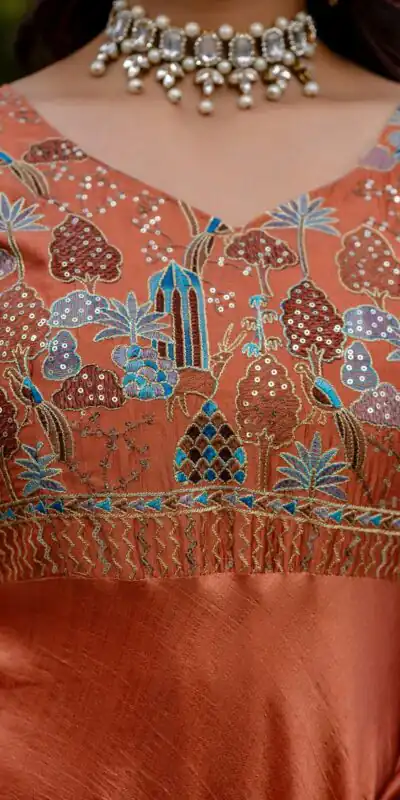 Rust Vichitra Silk Embroider Work Gown | Gowns, Bollywood Gowns, Creative Gowns, Designer Gowns, Embroidered Gowns, Party Wear Gowns
