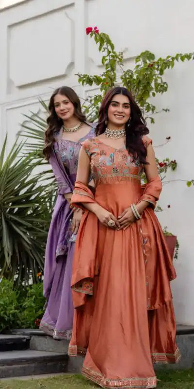 Rust Vichitra Silk Embroider Work Gown | Gowns, Bollywood Gowns, Creative Gowns, Designer Gowns, Embroidered Gowns, Party Wear Gowns