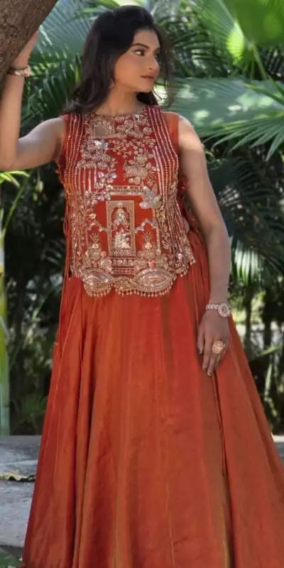 Rust Vichitra Silk Embroidery Work Lehenga Choli | Lehenga, Bollywood Lehenga, Creative Lehenga, Designer Lehenga, Embroidered Lehenga, Party Wear Lehenga