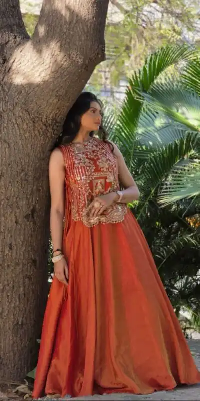 Rust Vichitra Silk Embroidery Work Lehenga Choli | Lehenga, Bollywood Lehenga, Creative Lehenga, Designer Lehenga, Embroidered Lehenga, Party Wear Lehenga