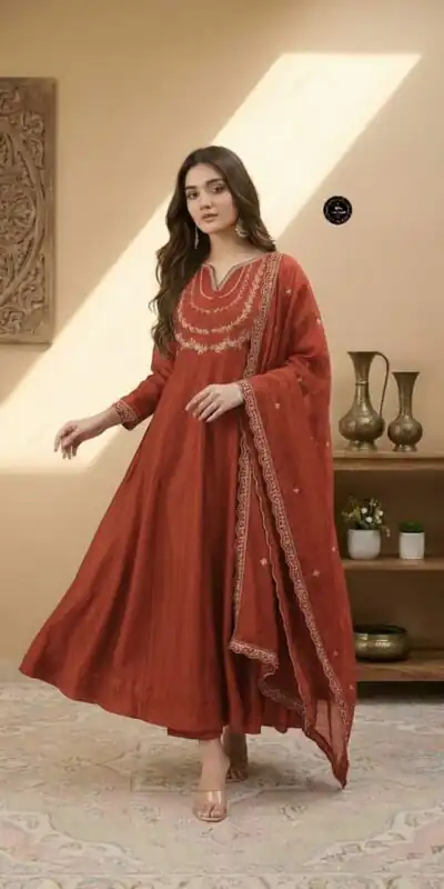 Rust Vichitra Silk Sequence Work Gown | Gowns, Bollywood Gowns, Creative Gowns, Designer Gowns, Embroidered Gowns, Party Wear Gowns