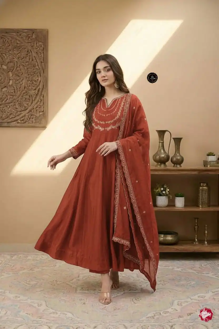 Rust Vichitra Silk Sequence Work Gown | Gowns, Bollywood Gowns, Creative Gowns, Designer Gowns, Embroidered Gowns, Party Wear Gowns
