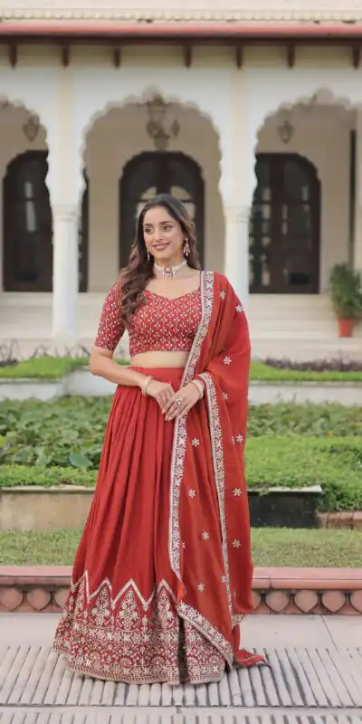 Rust Vichitra Silk Sequins Work Lehenga Choli | Lehenga, Bollywood Lehenga, Creative Lehenga, Designer Lehenga, Embroidered Lehenga, Party Wear Lehenga
