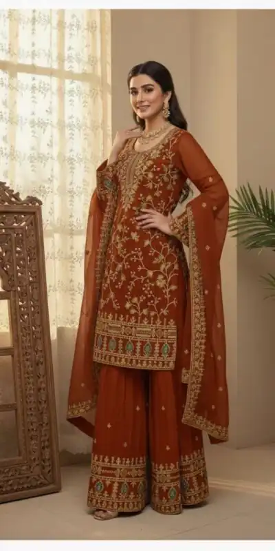Rust Zimmy Choo Embroidery Work Salwar Suit | Jump Suits, Salwar suit, Casual Suits, Creative suits, Designer Suits, Palazzo Suits, Party Wear Suits, Patiala Suits, Straight Suits