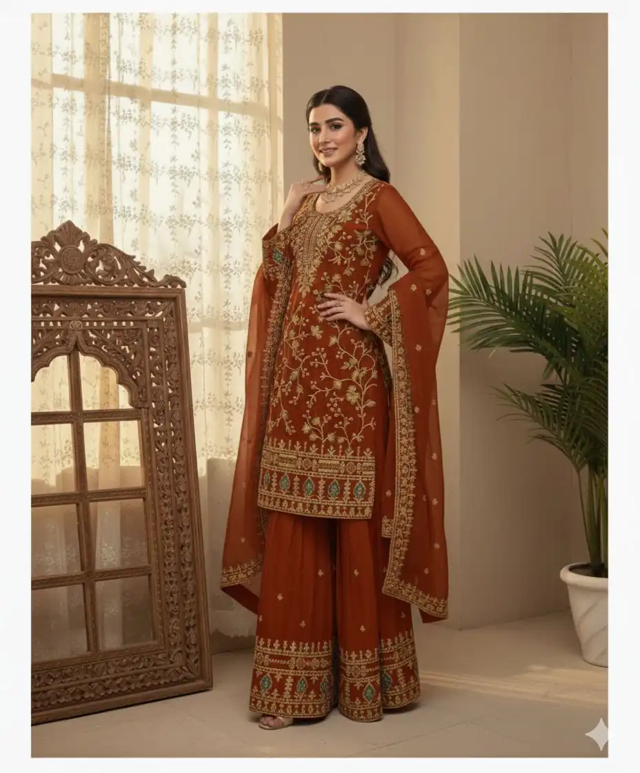 Rust Zimmy Choo Embroidery Work Salwar Suit | Jump Suits, Salwar suit, Casual Suits, Creative suits, Designer Suits, Palazzo Suits, Party Wear Suits, Patiala Suits, Straight Suits