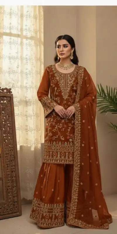 Rust Zimmy Choo Embroidery Work Salwar Suit | Jump Suits, Salwar suit, Casual Suits, Creative suits, Designer Suits, Palazzo Suits, Party Wear Suits, Patiala Suits, Straight Suits