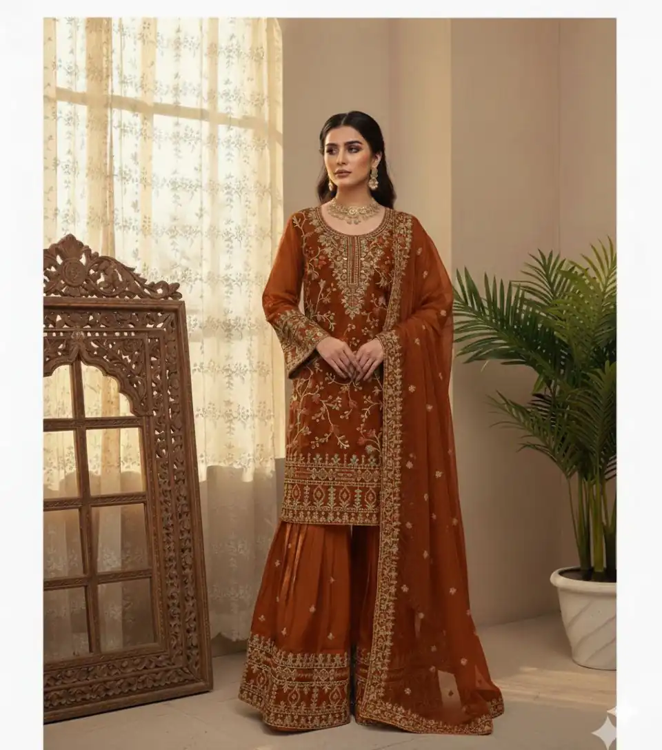 Rust Zimmy Choo Embroidery Work Salwar Suit | Jump Suits, Salwar suit, Casual Suits, Creative suits, Designer Suits, Palazzo Suits, Party Wear Suits, Patiala Suits, Straight Suits