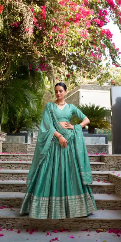 Sea Green Chanderi Plain With Zari Weaving Work Border Lehenga Choli | Lehenga, Bollywood Lehenga, Creative Lehenga, Designer Lehenga, Embroidered Lehenga, Party Wear Lehenga