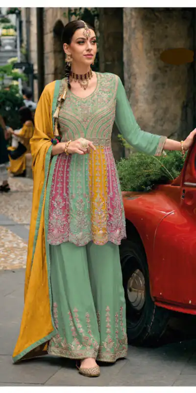 Sea Green Chinon Embroidery Work Salwar Suit | Jump Suits, Salwar suit, Casual Suits, Creative suits, Designer Suits, Palazzo Suits, Party Wear Suits, Patiala Suits, Straight Suits