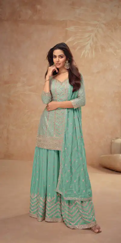 Sea Green Chinon Embroidery Work Salwar Suit | Jump Suits, Salwar suit, Casual Suits, Creative suits, Designer Suits, Palazzo Suits, Party Wear Suits, Patiala Suits, Straight Suits