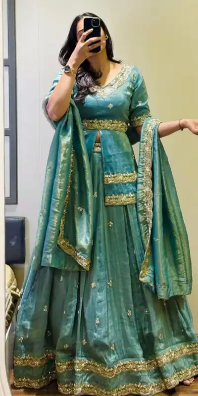 Sea Green Chinon Silk Thread Work Lehenga Choli | Lehenga, Bollywood Lehenga, Creative Lehenga, Designer Lehenga, Embroidered Lehenga, Party Wear Lehenga