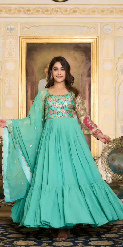 Sea Green Faux Fox Georgette Embroider Zecard Work Gown | Gowns, Bollywood Gowns, Creative Gowns, Designer Gowns, Embroidered Gowns, Party Wear Gowns, Straight Suits