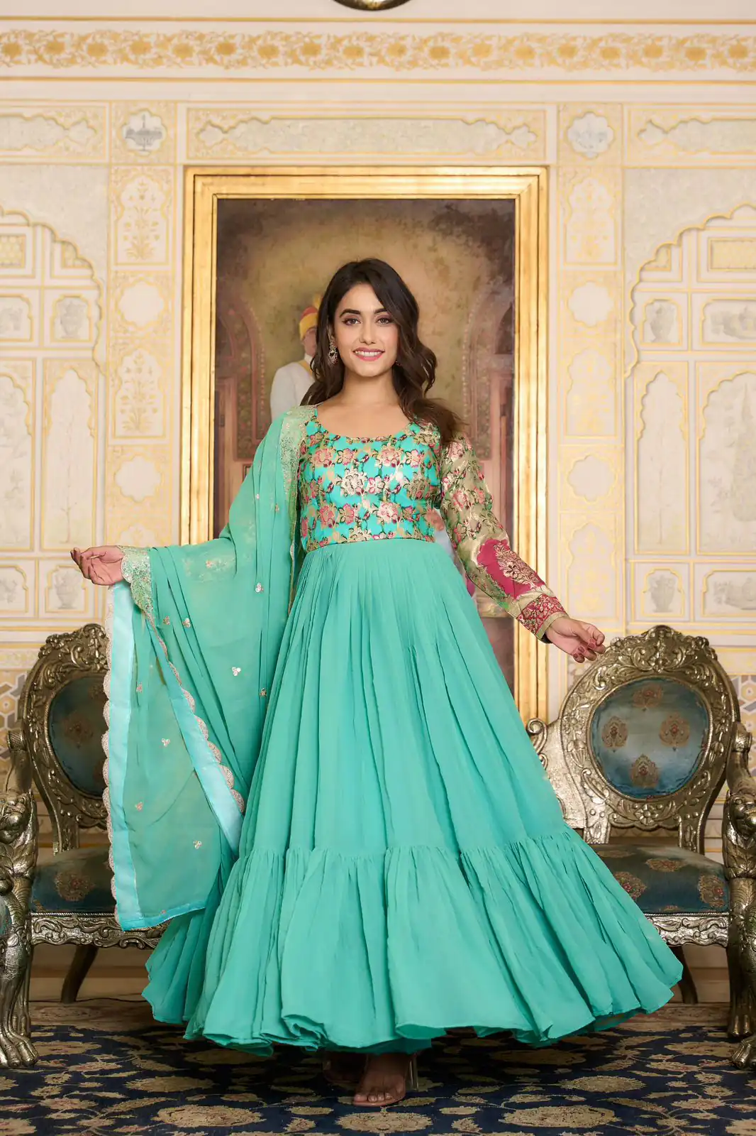 Sea Green Faux Fox Georgette Embroider Zecard Work Gown | Gowns, Bollywood Gowns, Creative Gowns, Designer Gowns, Embroidered Gowns, Party Wear Gowns, Straight Suits