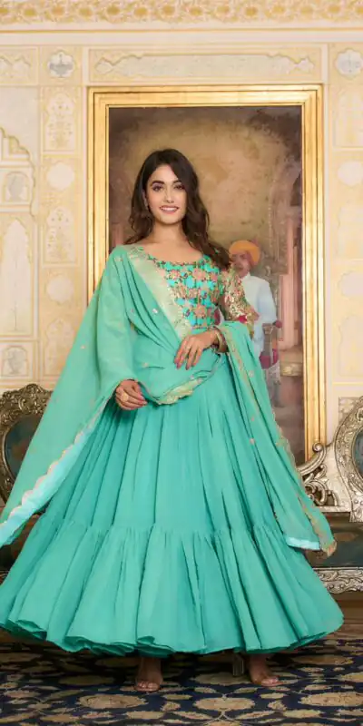 Sea Green Faux Fox Georgette Embroider Zecard Work Gown | Gowns, Bollywood Gowns, Creative Gowns, Designer Gowns, Embroidered Gowns, Party Wear Gowns, Straight Suits