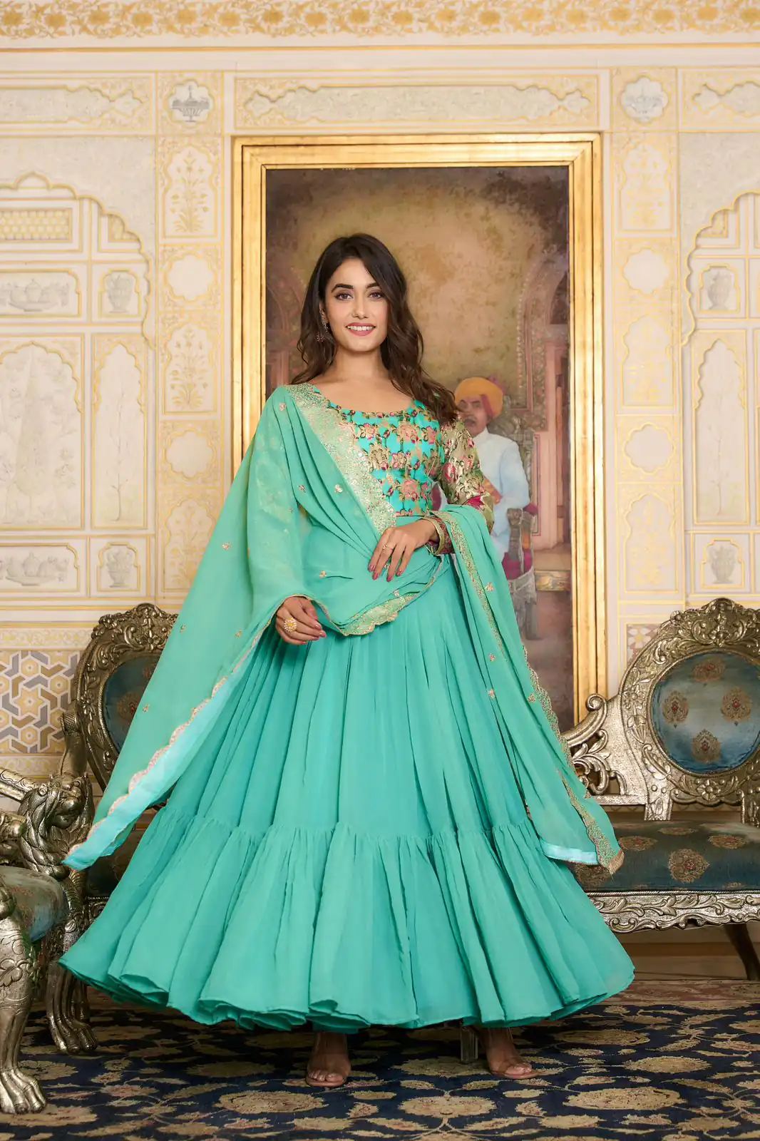 Sea Green Faux Fox Georgette Embroider Zecard Work Gown | Gowns, Bollywood Gowns, Creative Gowns, Designer Gowns, Embroidered Gowns, Party Wear Gowns, Straight Suits