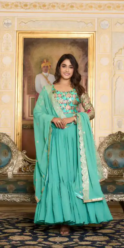 Sea Green Faux Fox Georgette Embroider Zecard Work Gown | Gowns, Bollywood Gowns, Creative Gowns, Designer Gowns, Embroidered Gowns, Party Wear Gowns, Straight Suits