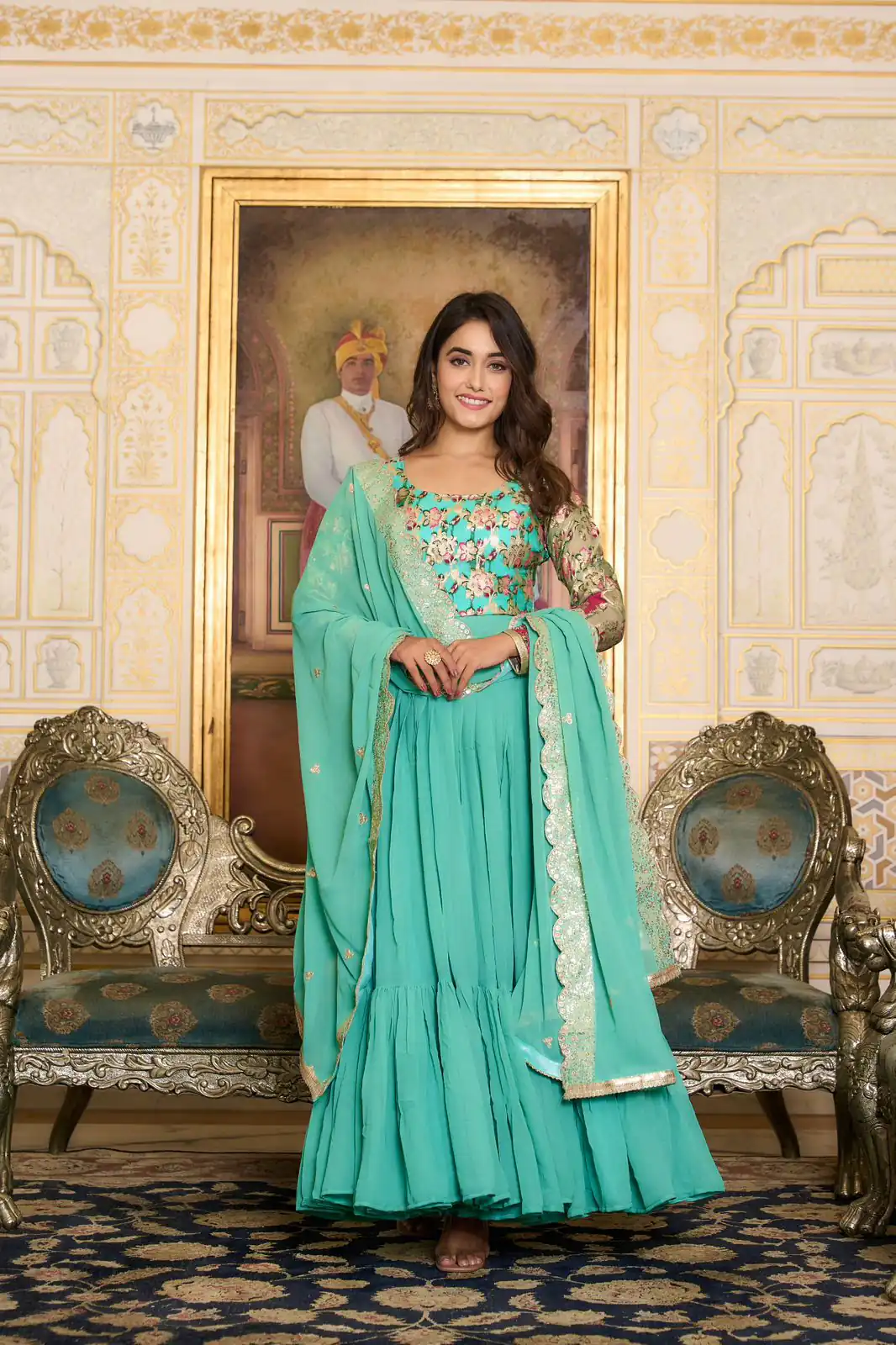 Sea Green Faux Fox Georgette Embroider Zecard Work Gown | Gowns, Bollywood Gowns, Creative Gowns, Designer Gowns, Embroidered Gowns, Party Wear Gowns, Straight Suits