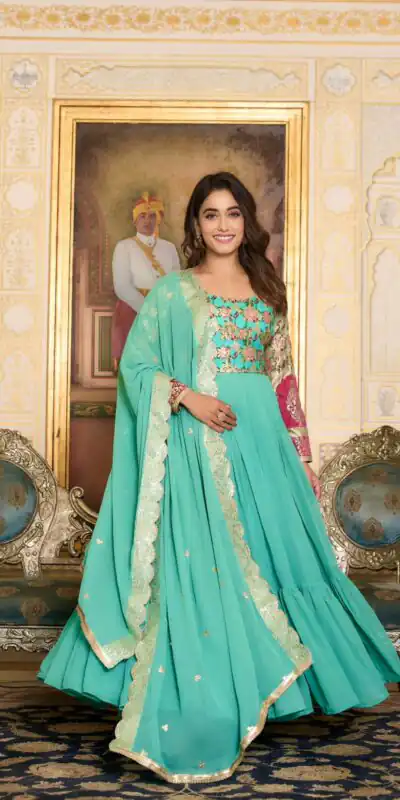 Sea Green Faux Fox Georgette Embroider Zecard Work Gown | Gowns, Bollywood Gowns, Creative Gowns, Designer Gowns, Embroidered Gowns, Party Wear Gowns, Straight Suits
