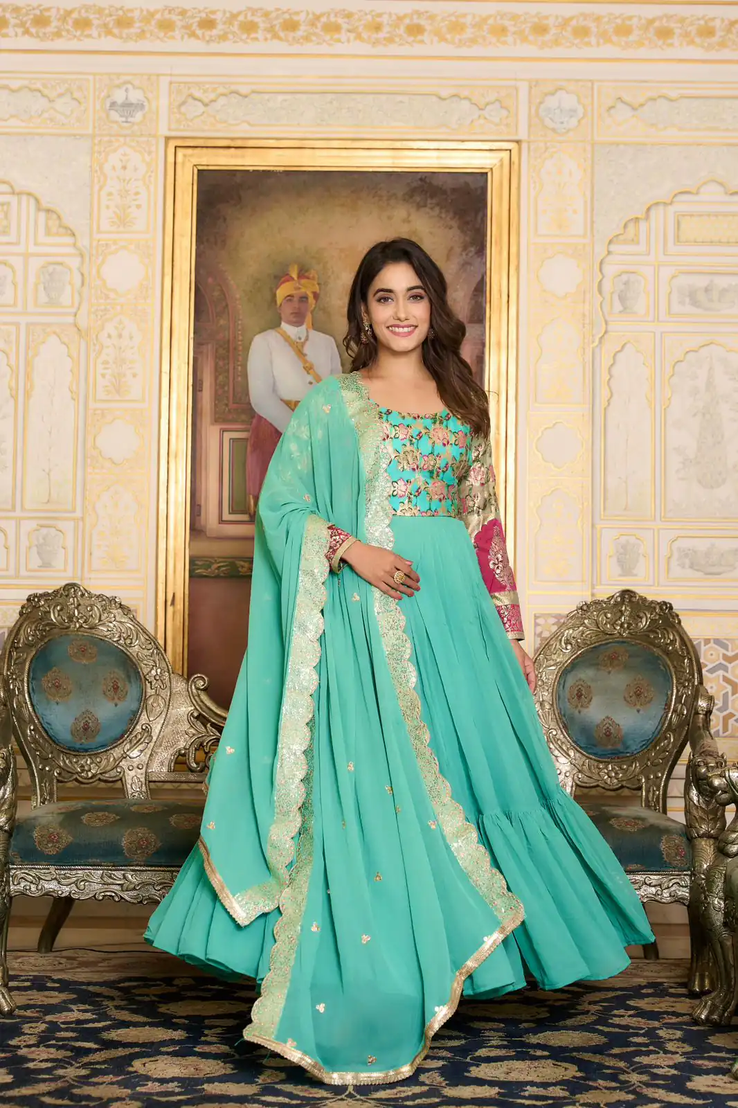 Sea Green Faux Fox Georgette Embroider Zecard Work Gown | Gowns, Bollywood Gowns, Creative Gowns, Designer Gowns, Embroidered Gowns, Party Wear Gowns, Straight Suits