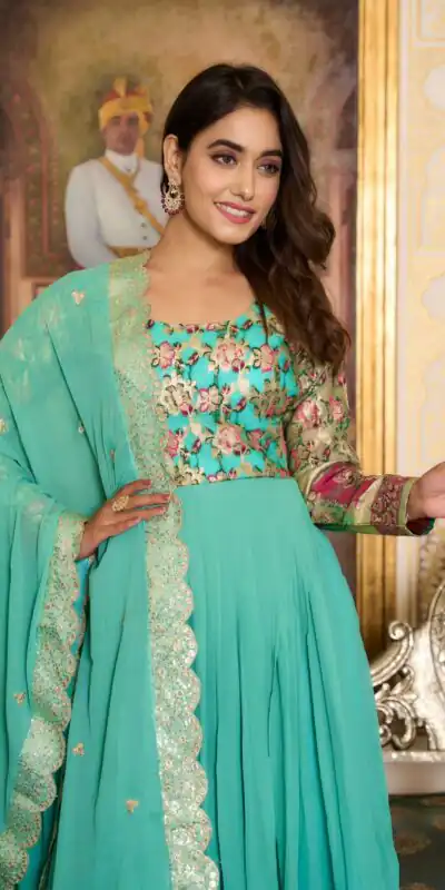 Sea Green Faux Fox Georgette Embroider Zecard Work Gown | Gowns, Bollywood Gowns, Creative Gowns, Designer Gowns, Embroidered Gowns, Party Wear Gowns, Straight Suits