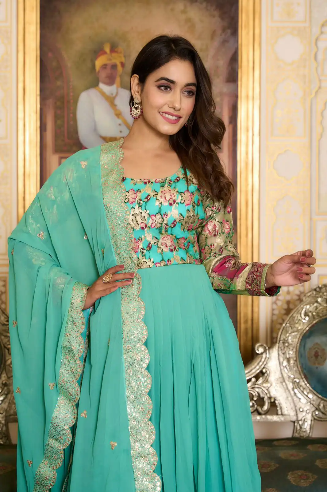 Sea Green Faux Fox Georgette Embroider Zecard Work Gown | Gowns, Bollywood Gowns, Creative Gowns, Designer Gowns, Embroidered Gowns, Party Wear Gowns, Straight Suits