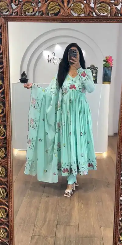 Sea Green Fox Georgette With Thread Embroidery Gown | Jump Suits, Salwar suit, Casual Suits, Creative suits, Designer Suits, Palazzo Suits, Party Wear Suits, Patiala Suits, Straight Suits