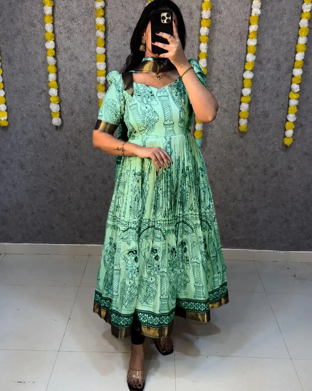 Sea Green Malai Satin Digital Kalamkari Print Gown | Gowns, Bollywood Gowns, Creative Gowns, Designer Gowns, Embroidered Gowns, Party Wear Gowns