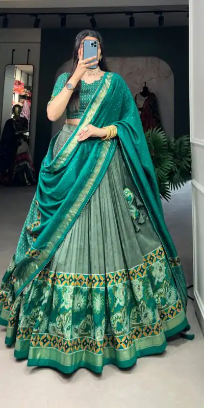 Sea Green Tasar Silk Print Lehenga Choli | Lehenga, Bollywood Lehenga, Creative Lehenga, Designer Lehenga, Embroidered Lehenga, Party Wear Lehenga
