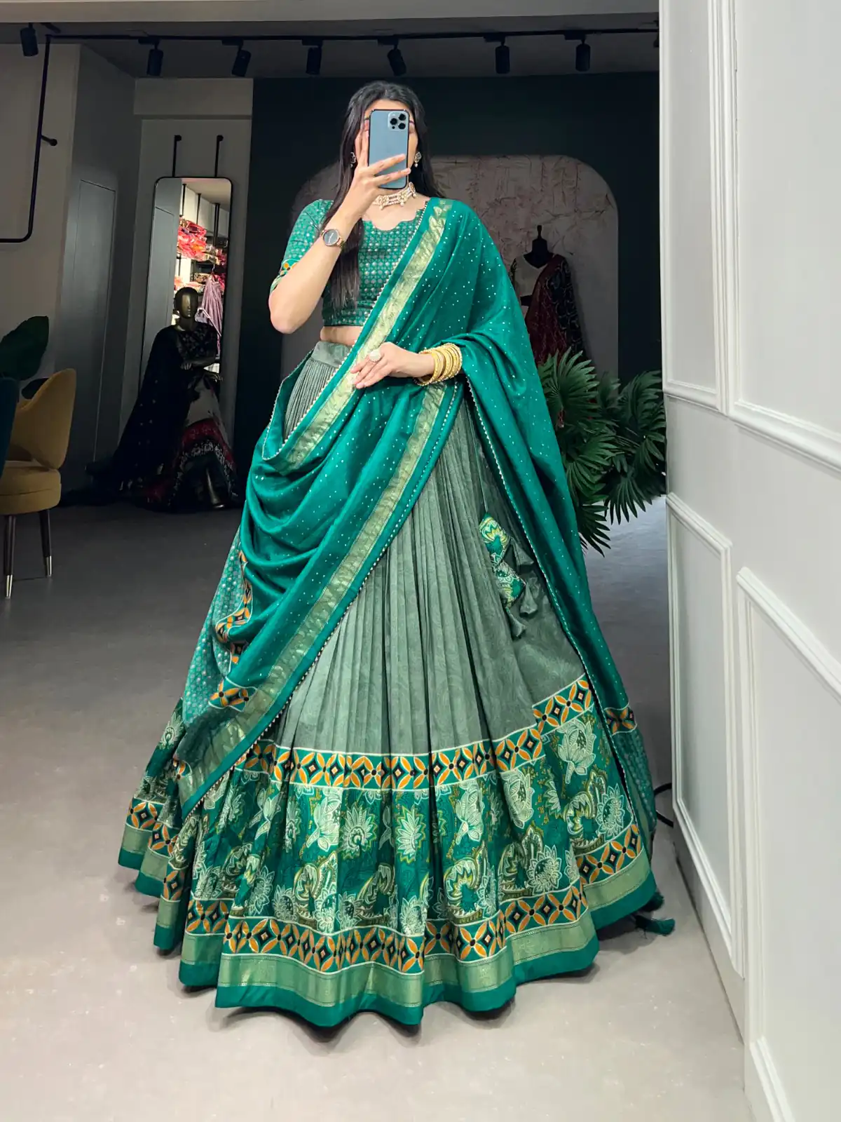 Sea Green Tasar Silk Print Lehenga Choli | Lehenga, Bollywood Lehenga, Creative Lehenga, Designer Lehenga, Embroidered Lehenga, Party Wear Lehenga