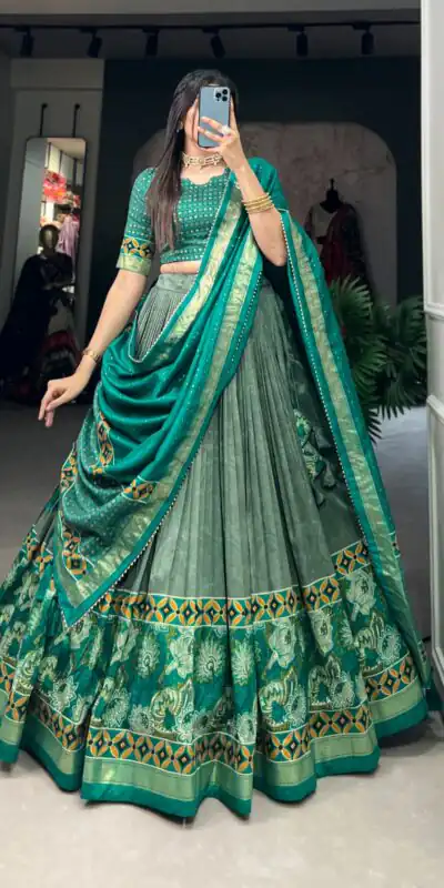 Sea Green Tasar Silk Print Lehenga Choli | Lehenga, Bollywood Lehenga, Creative Lehenga, Designer Lehenga, Embroidered Lehenga, Party Wear Lehenga