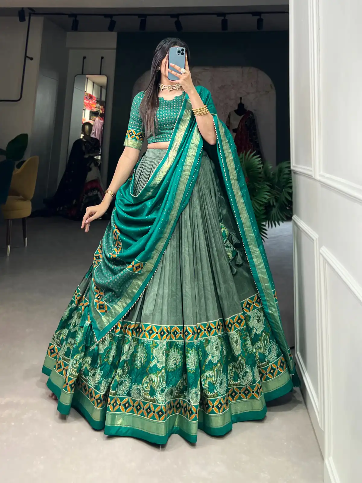 Sea Green Tasar Silk Print Lehenga Choli | Lehenga, Bollywood Lehenga, Creative Lehenga, Designer Lehenga, Embroidered Lehenga, Party Wear Lehenga