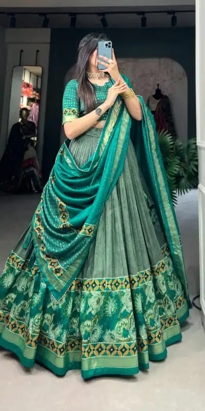Sea Green Tasar Silk Print Lehenga Choli | Lehenga, Bollywood Lehenga, Creative Lehenga, Designer Lehenga, Embroidered Lehenga, Party Wear Lehenga