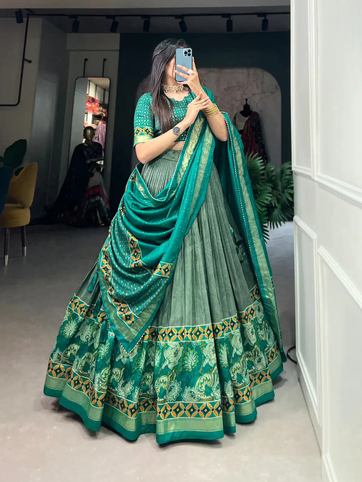 Sea Green Tasar Silk Print Lehenga Choli | Lehenga, Bollywood Lehenga, Creative Lehenga, Designer Lehenga, Embroidered Lehenga, Party Wear Lehenga