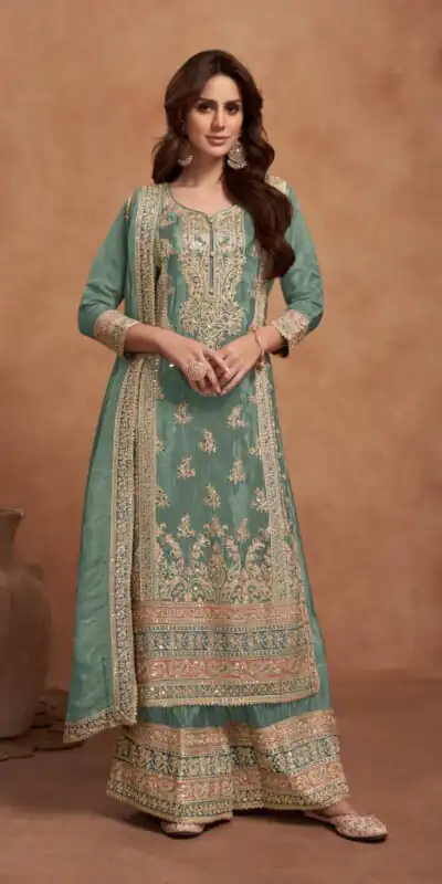 Sea Green Vichitra Embroidery Lace Work Salwar Suit | Jump Suits, Salwar suit, Casual Suits, Creative suits, Designer Suits, Palazzo Suits, Party Wear Suits, Patiala Suits, Straight Suits