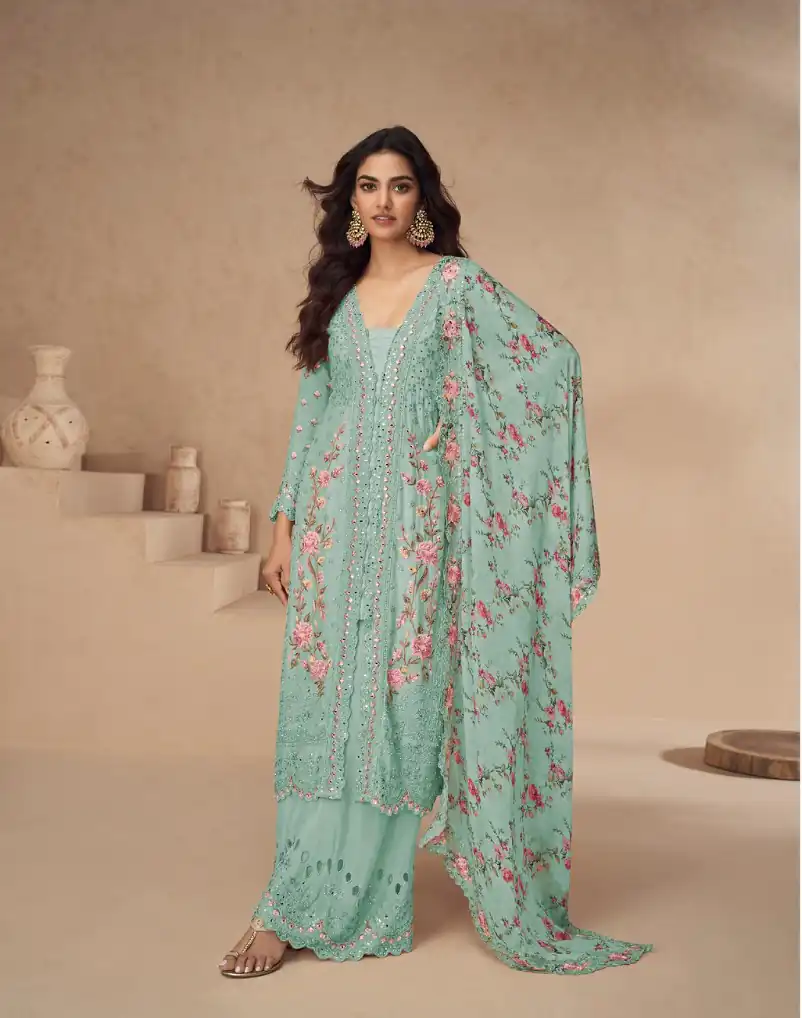 Sea Green Vichitra Sequence Work Salwar Suit | Jump Suits, Salwar suit, Casual Suits, Creative suits, Designer Suits, Palazzo Suits, Party Wear Suits, Patiala Suits, Straight Suits